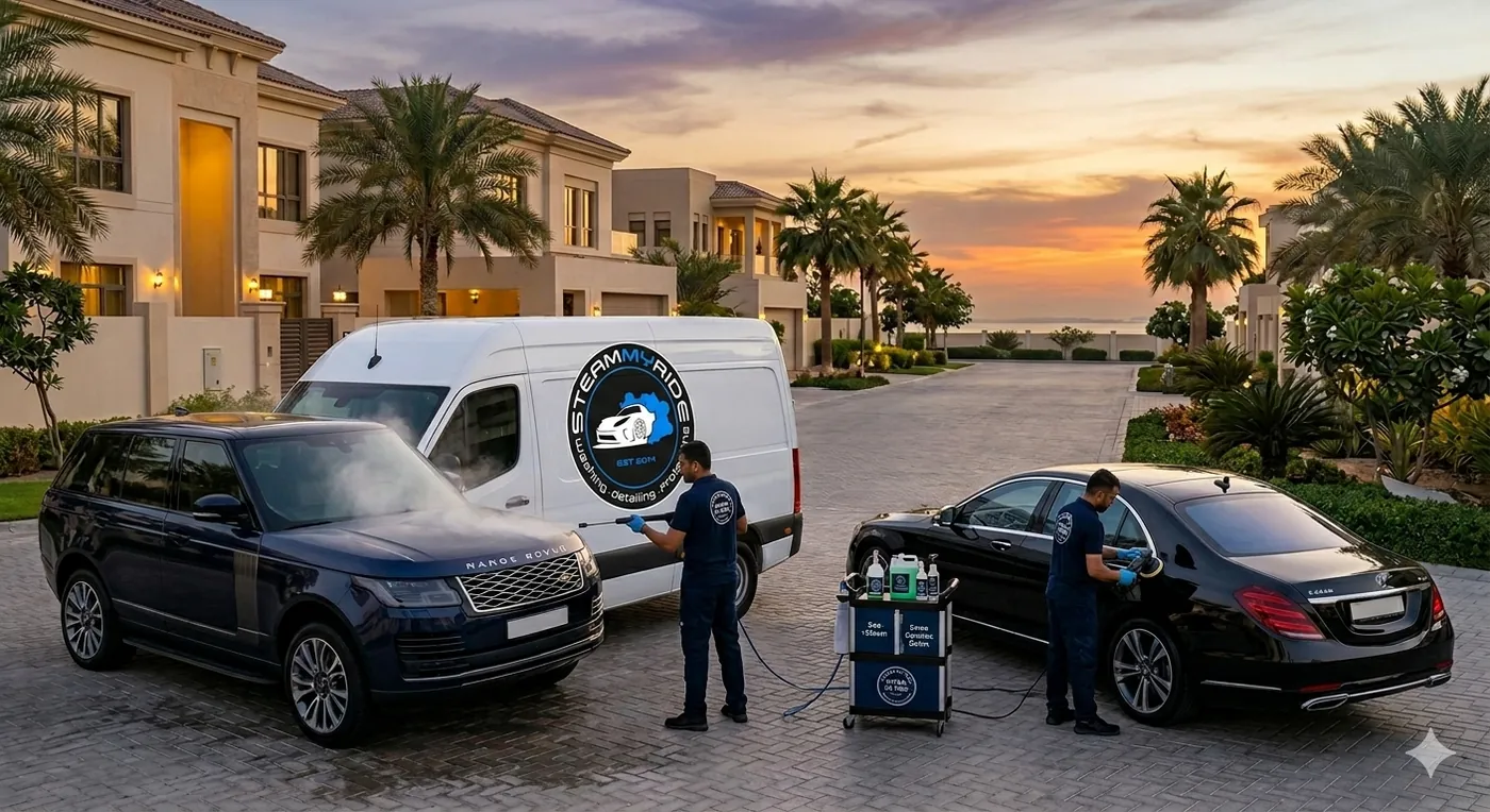 Steam My Ride van and team washing an SUV and a sedan at a villa driveway in Bahrain