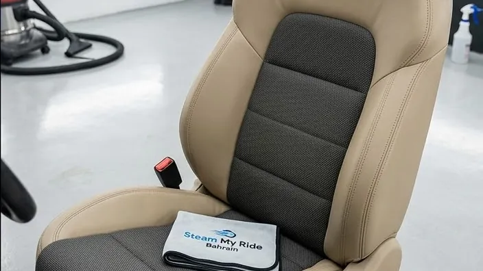 Car seat after interior cleaning by Steam My Ride Bahrain