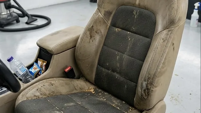 Stained car seat before interior cleaning